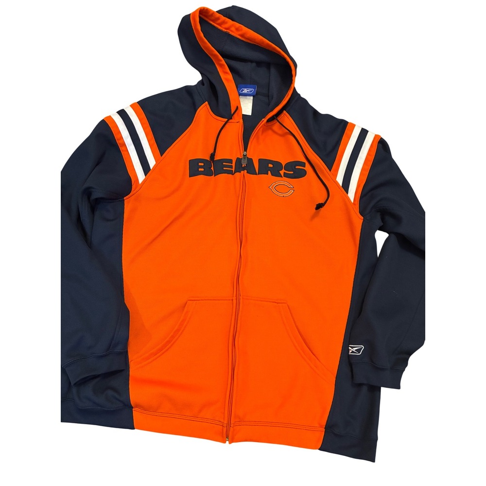 Vintage 90s Reebok Chicago Bears Full Zip Hoodie Navy Orange NFL Jacket Mens